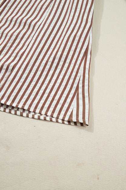 Brown Stripe Knot Waist Puff Sleeve Button Down Shirt Dress