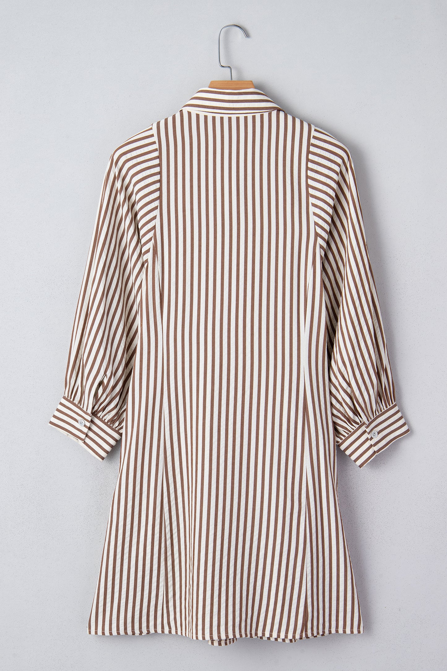 Brown Stripe Knot Waist Puff Sleeve Button Down Shirt Dress