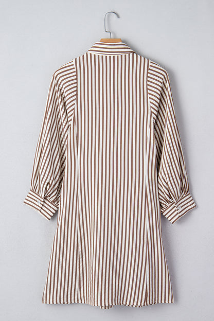 Brown Stripe Knot Waist Puff Sleeve Button Down Shirt Dress