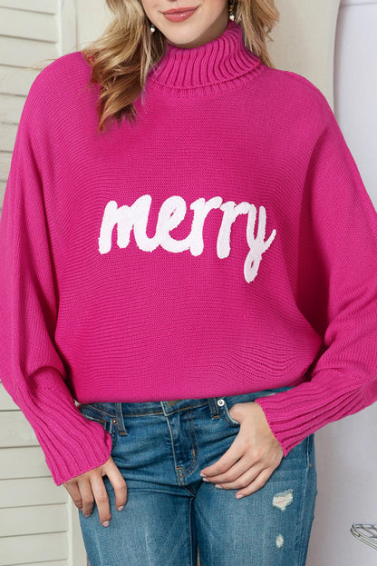 Women's Merry Letter Embroidered High Neck Sweater