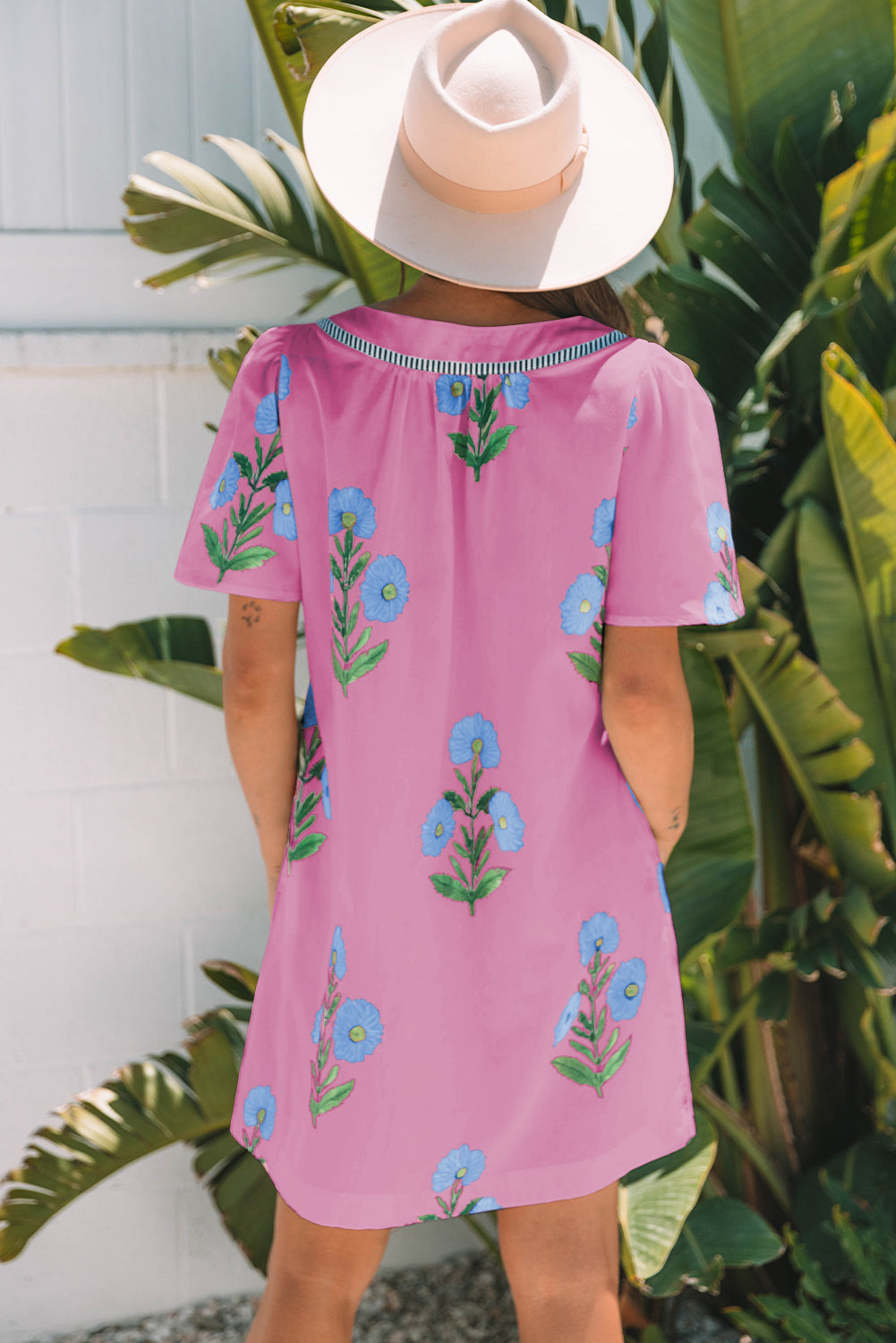 Easter Floral Split Neck Short Sleeve Mini Dress
