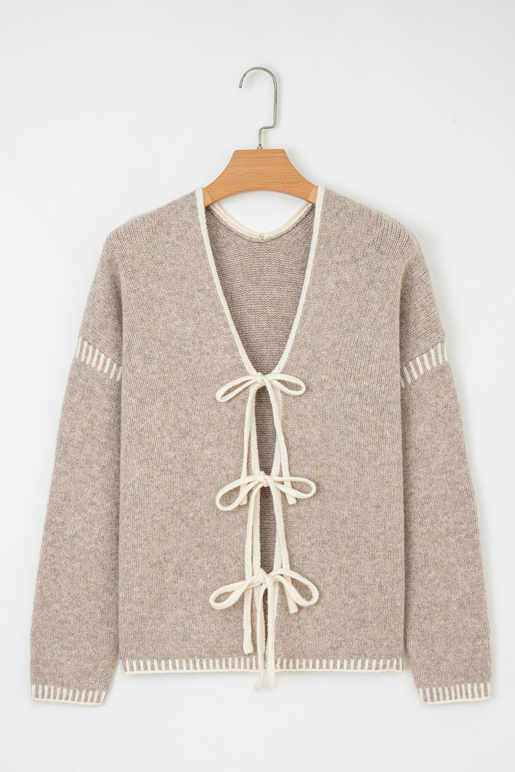 Khaki Tie Front Drop Shoulder Knit Cardigan Sweater