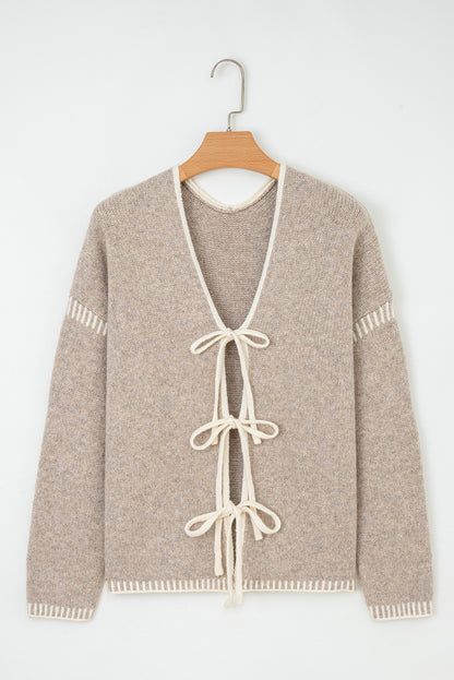 Khaki Tie Front Drop Shoulder Knit Cardigan Sweater