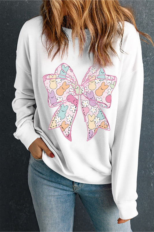 Easter Bunny Bow Graphic White Casual Sweatshirt