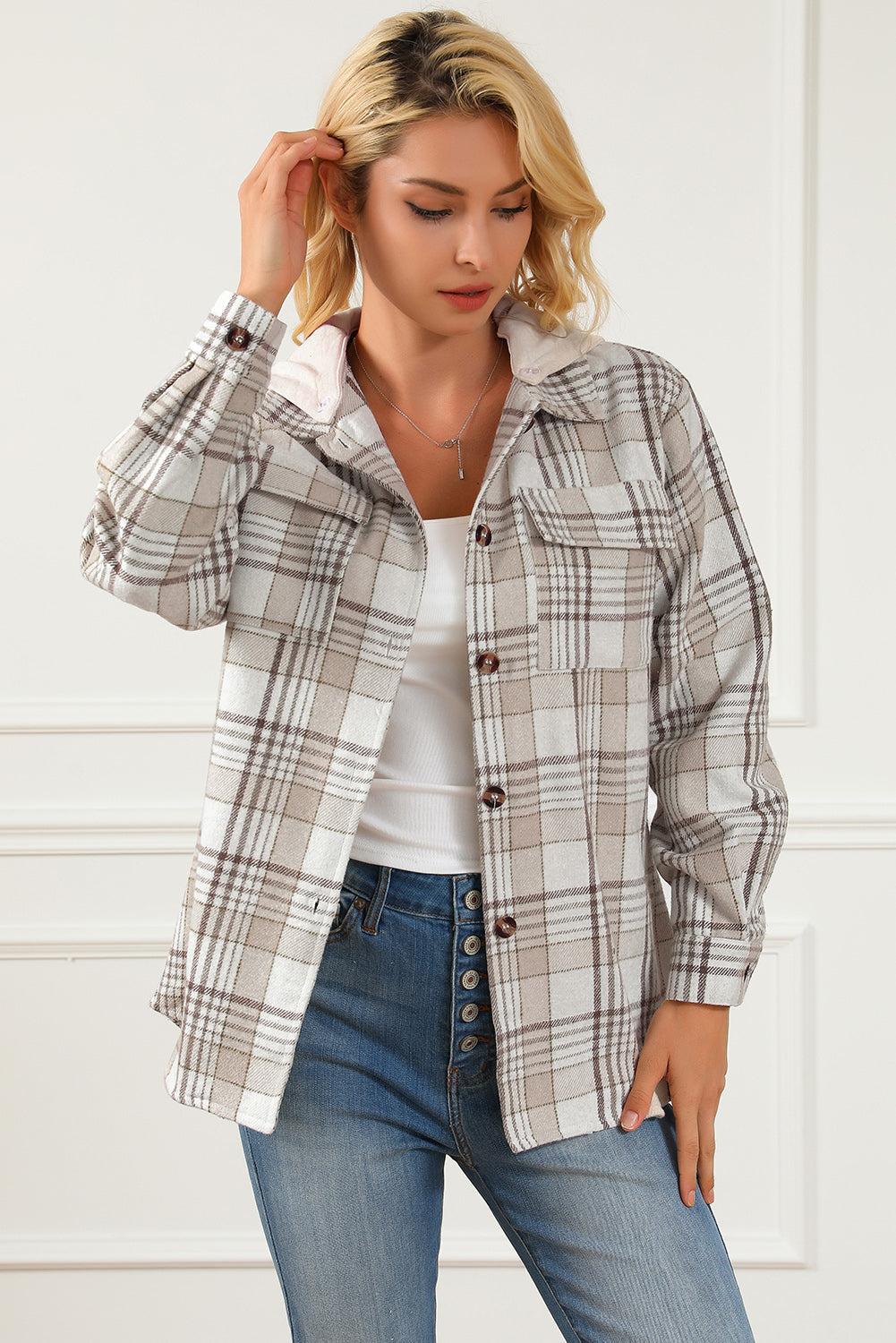 Neutral Khaki Plaid Oversized Shacket with Removable Hood