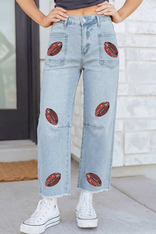 Back to School Gameday Sequin Football Raw Hem Jeans