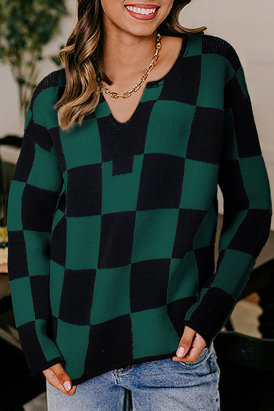 Women's Checkered Knit Sweater with Notched Neck