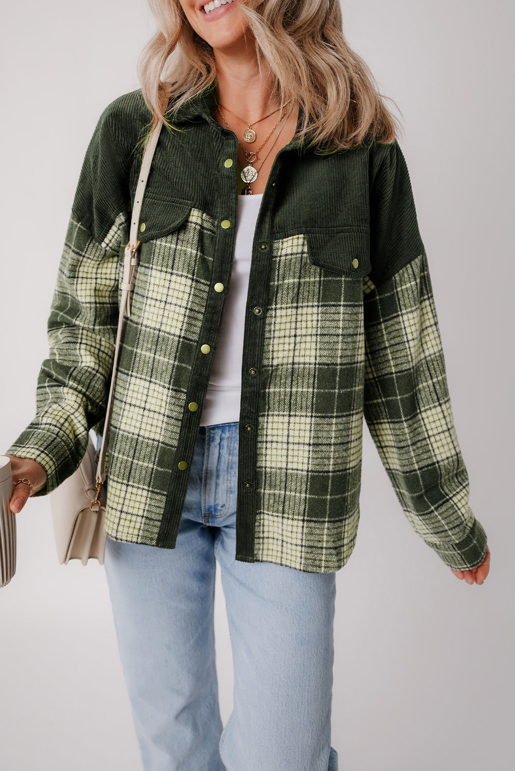 Blackish Green Snap Button Plaid Shacket with Corduroy Patchwork
