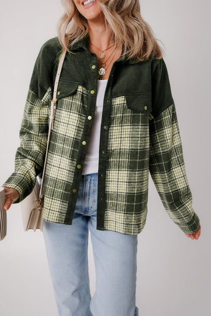 Blackish Green Snap Button Plaid Shacket with Corduroy Patchwork