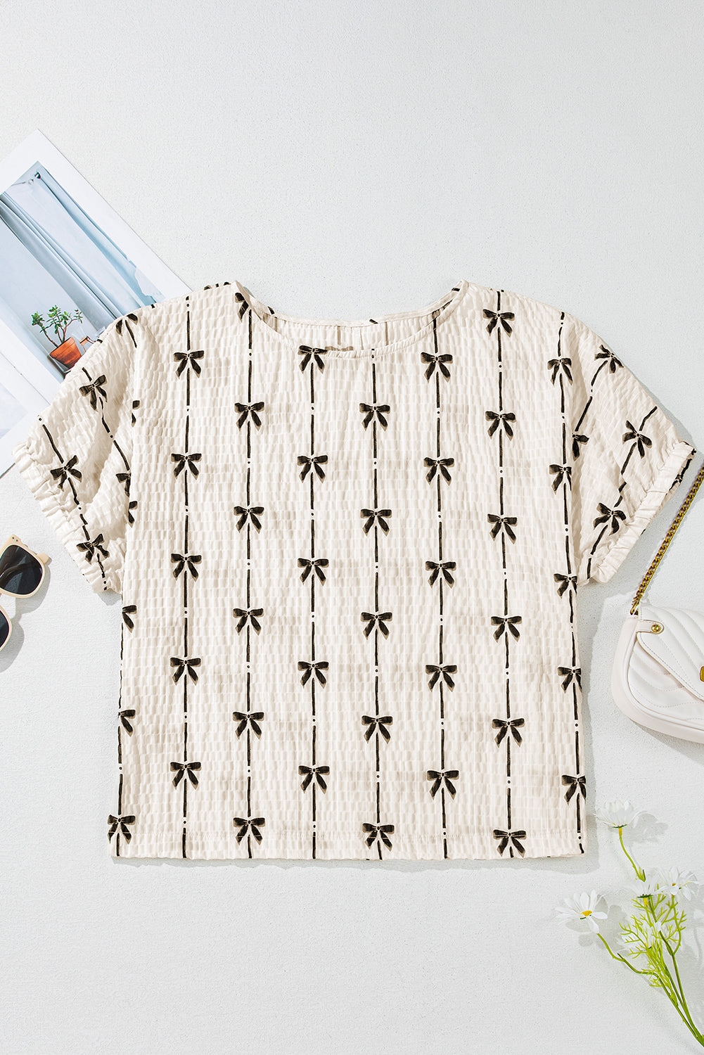 Women’s Beige Bow Print Puff Sleeve Casual Top