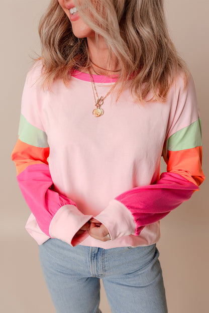 Green Colorblock Patchwork Long Sleeve Loose Top