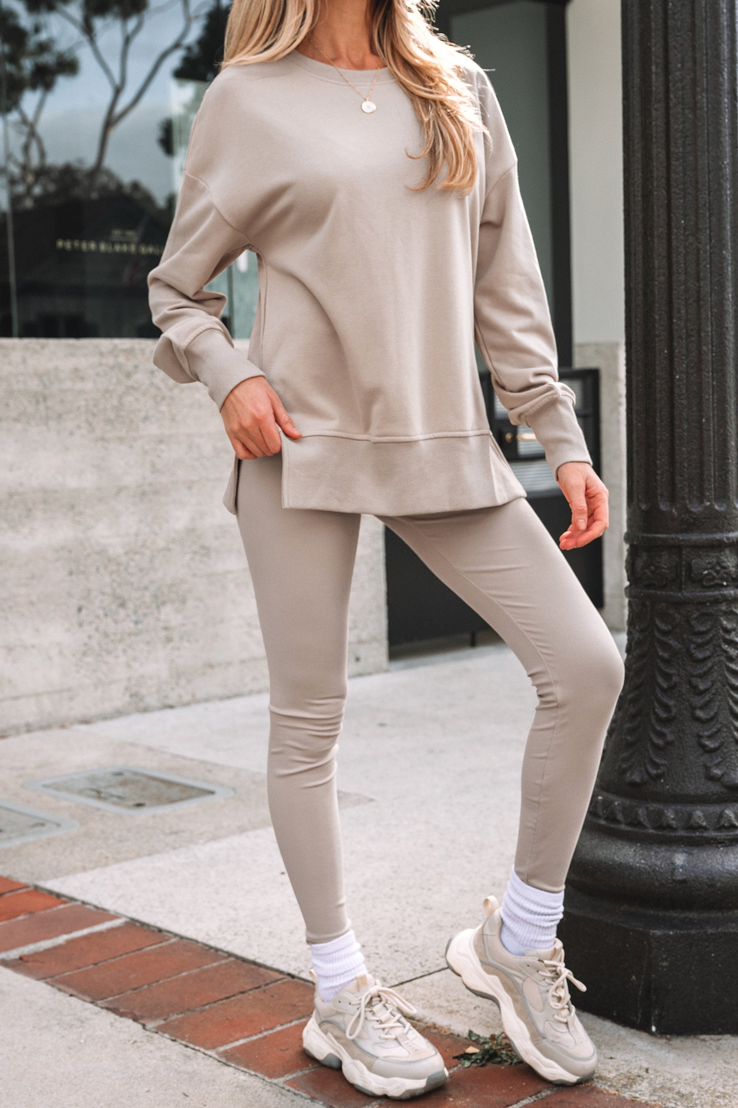 Solid Oversize Slit Sweatshirt with Ribbed Leggings Set