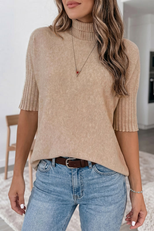 Beige Mock Neck Ribbed Short Sleeve Sweater Top