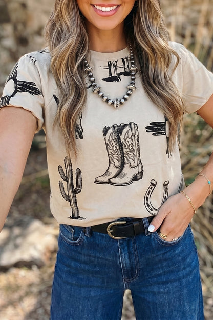 Beige Western Graphic Cowboy Boots Cactus Vintage Tee