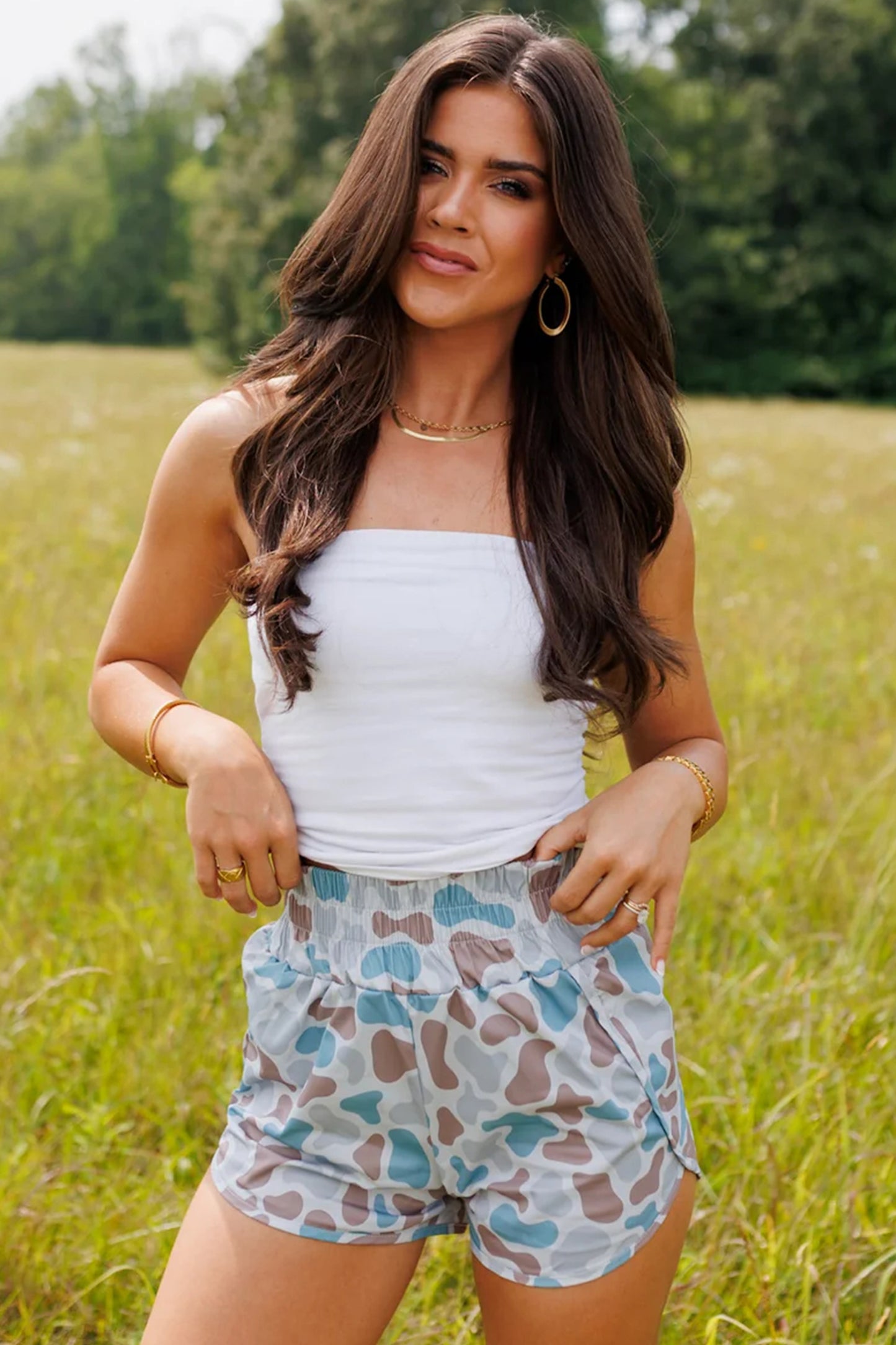Sky Blue Western Camo Print High Waist Athleisure Shorts