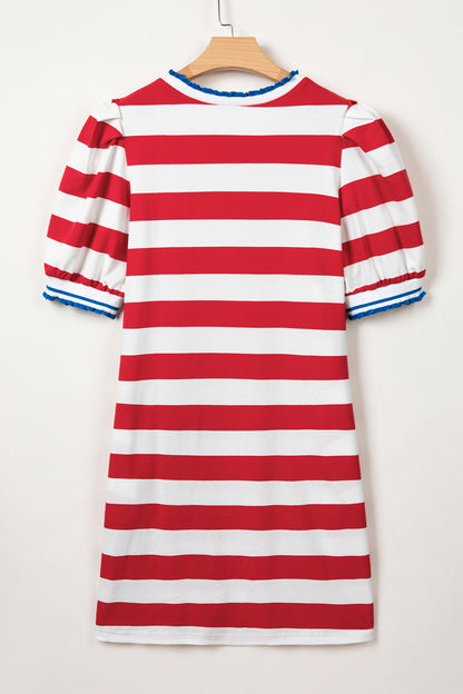 Red Stripe Puff Sleeve Dress Flag Day Independence