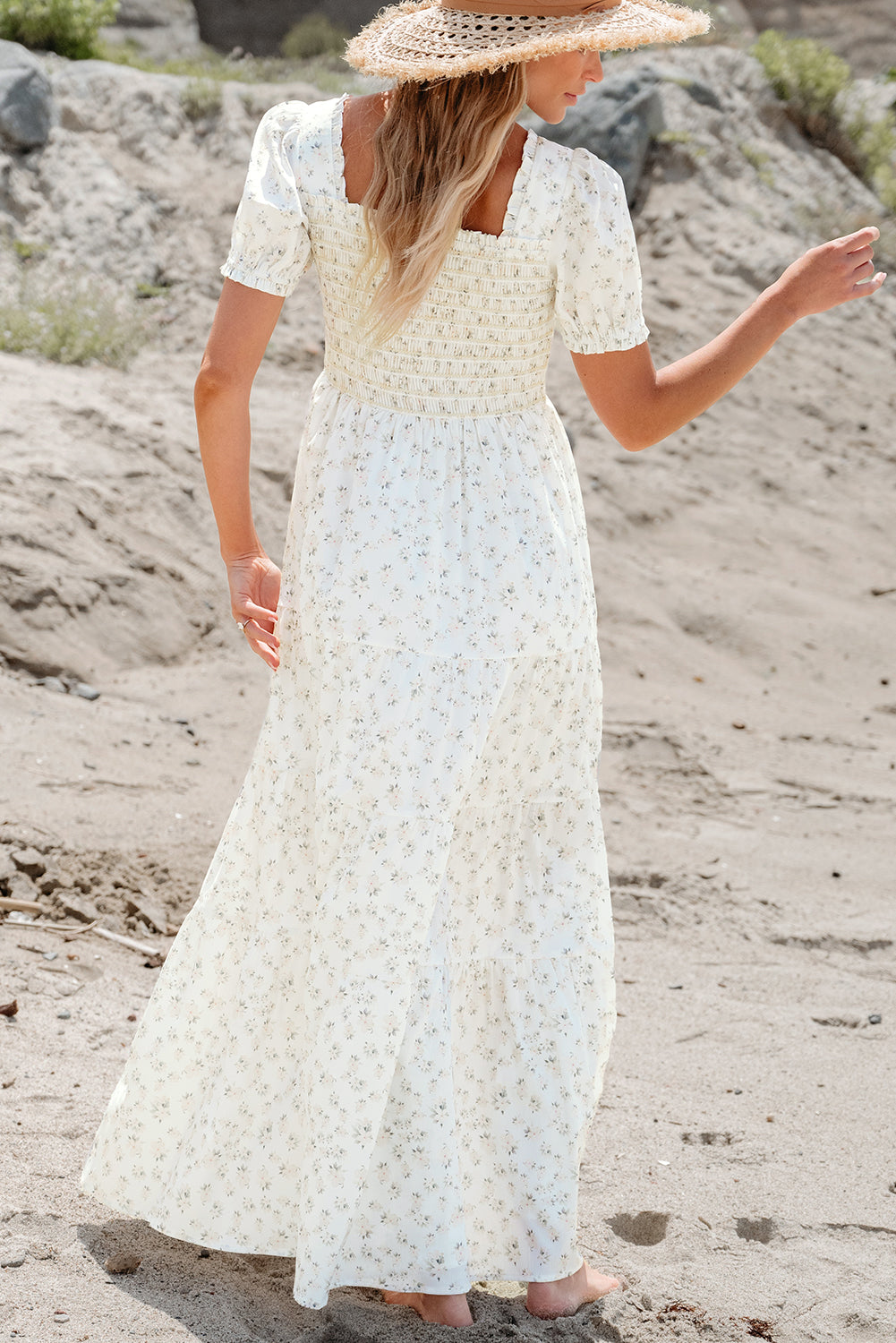 White Floral Shirred Smocked Tiered Maxi Dress