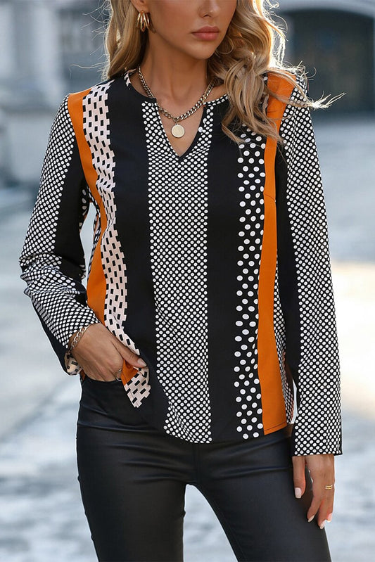 Women’s Polka Dot Colorblock V Neck Long Sleeve Blouse