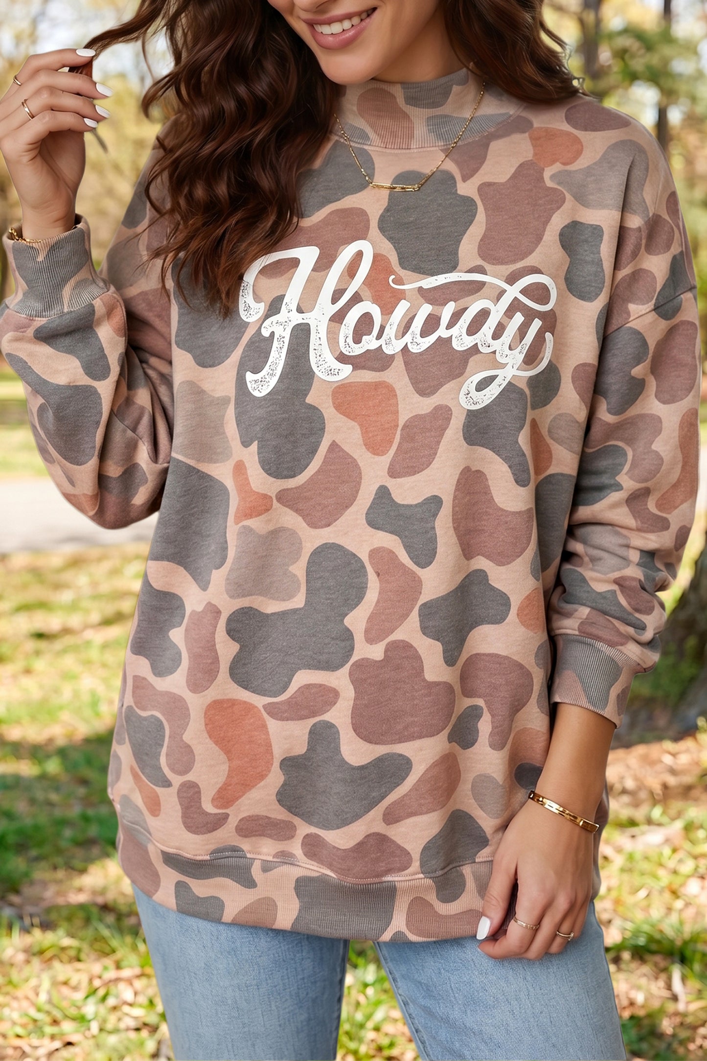 Western Camo Howdy Oversized Pullover Sweatshirt Women