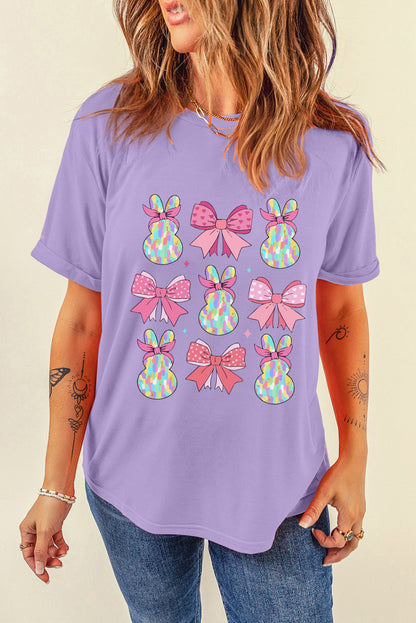 Easter Bow Bunny Graphic Lavender Casual Spring Tee