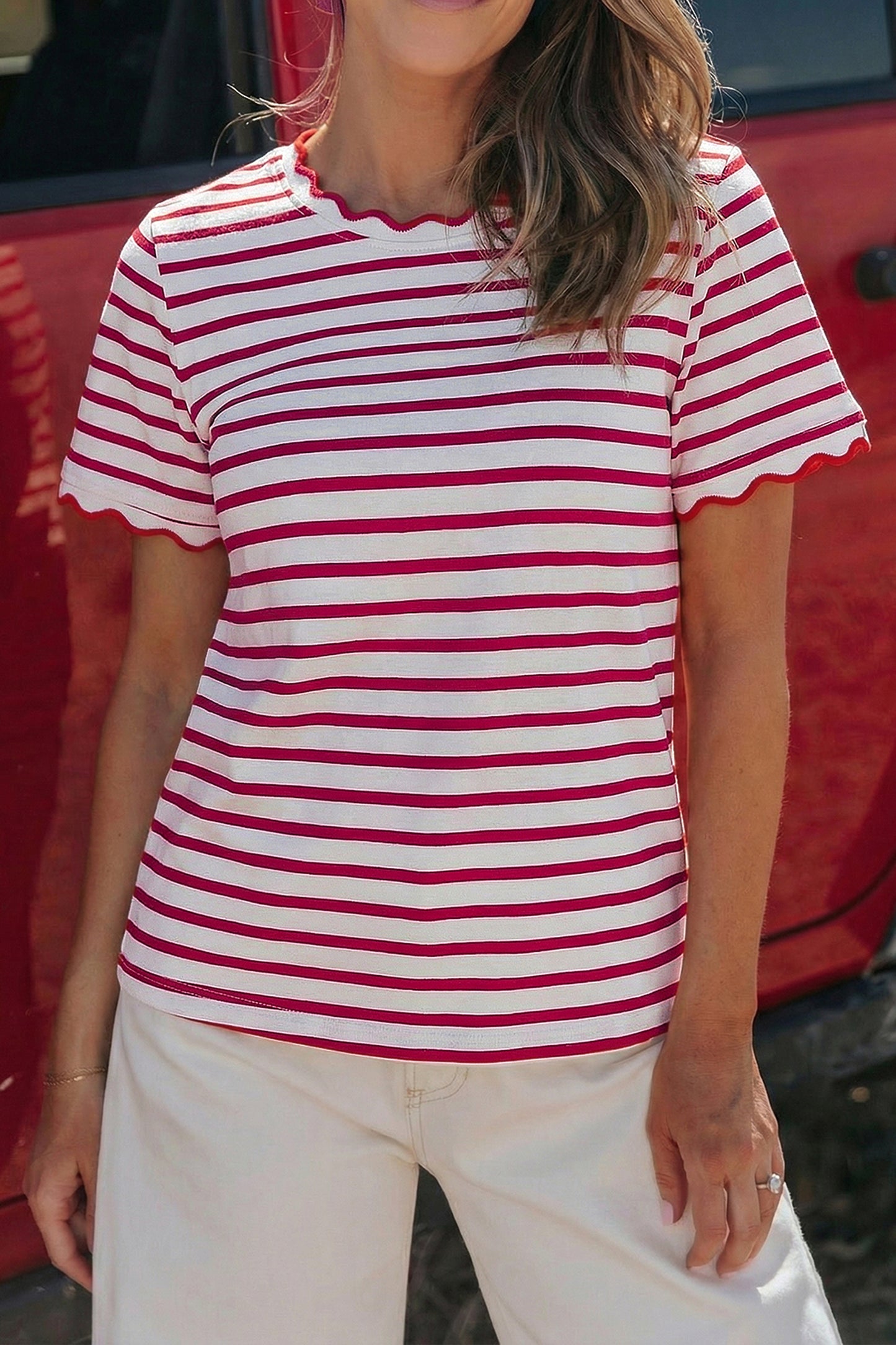 Red Stripe Scalloped Trim Short Sleeve Round Neck Tee