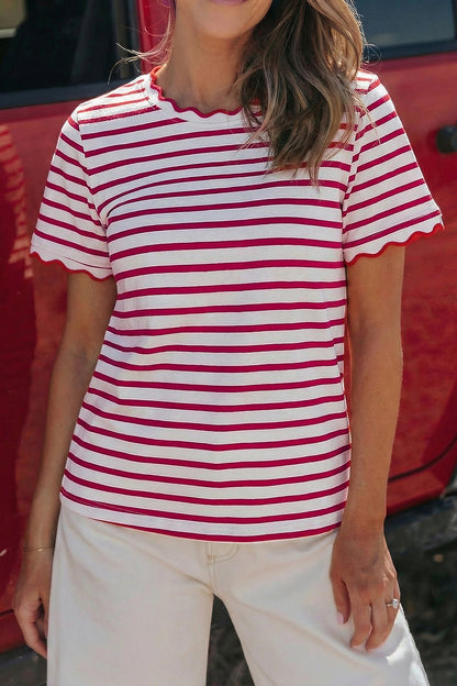 Red Stripe Scalloped Trim Short Sleeve Round Neck Tee
