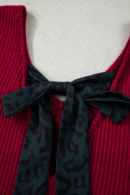 Bow Back Ribbed Knit V Neck Long Sleeve Top
