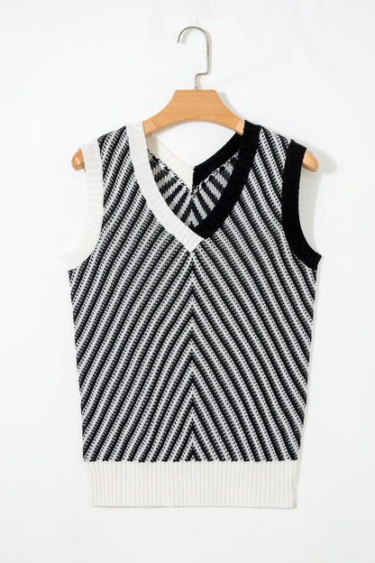 Strawberry Pink Contrast Chevron Knit V Neck Sweater Vest