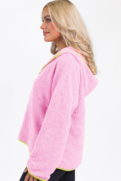 Cozy Sherpa Half Zip Pullover Hoodie with Contrast Trim