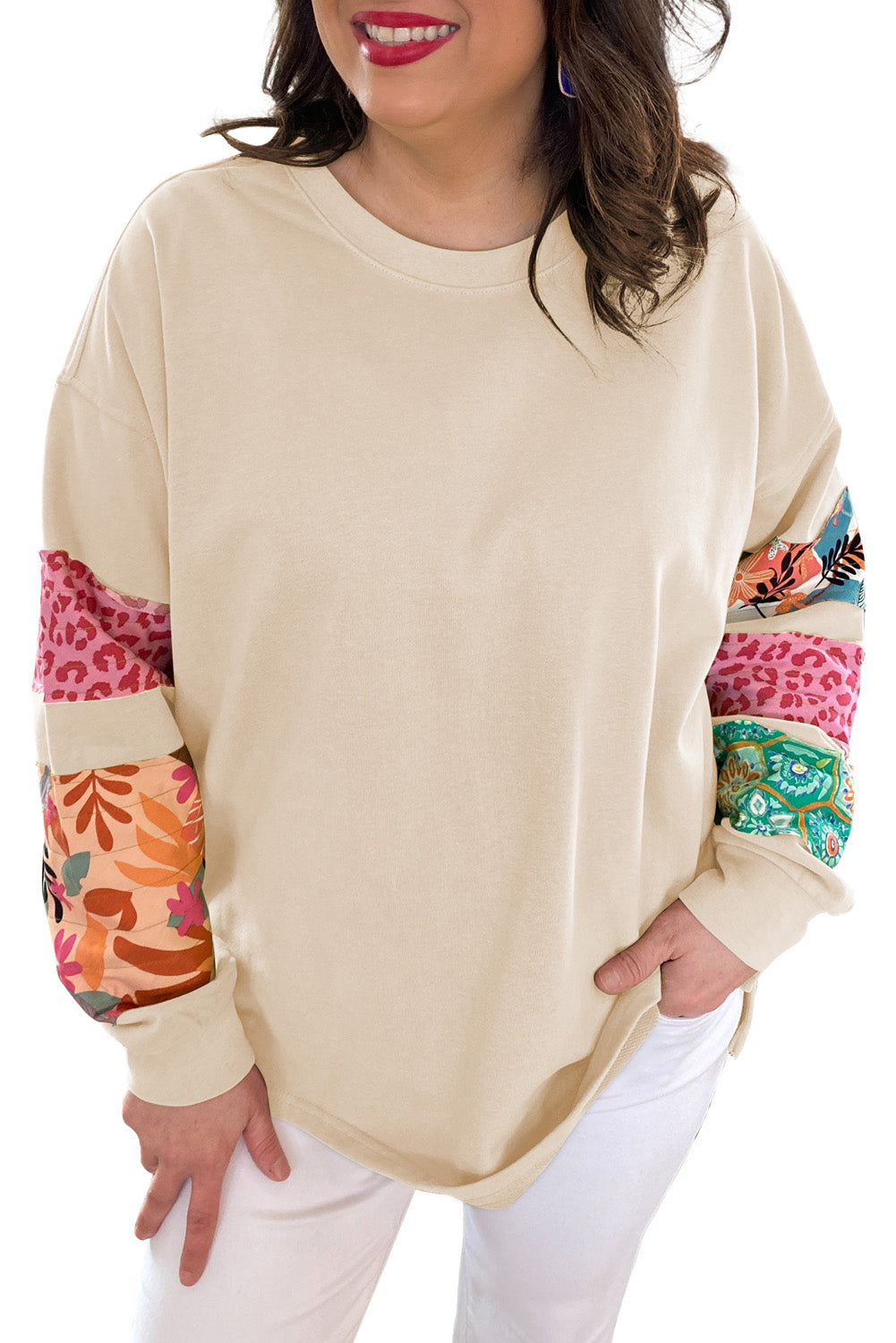 Beige Plus Size Printed Patchwork Sleeve Split Sweatshirt