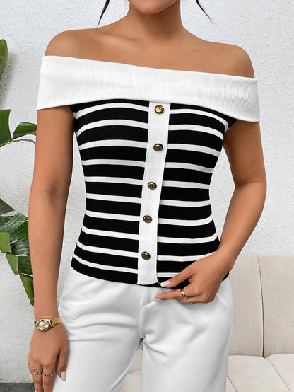 Off Shoulder Striped Knit Top Button Front Sweater Women