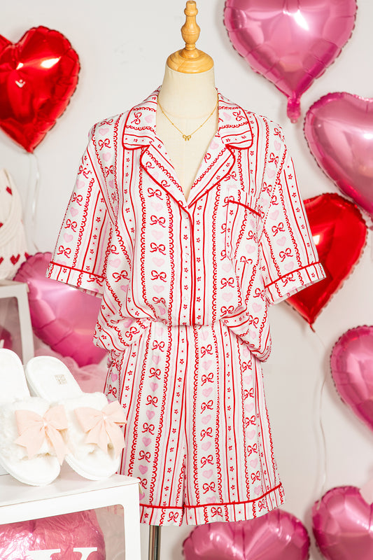 Valentines Heart Bow Print Ribbon Trim 2 Piece Pajama Set