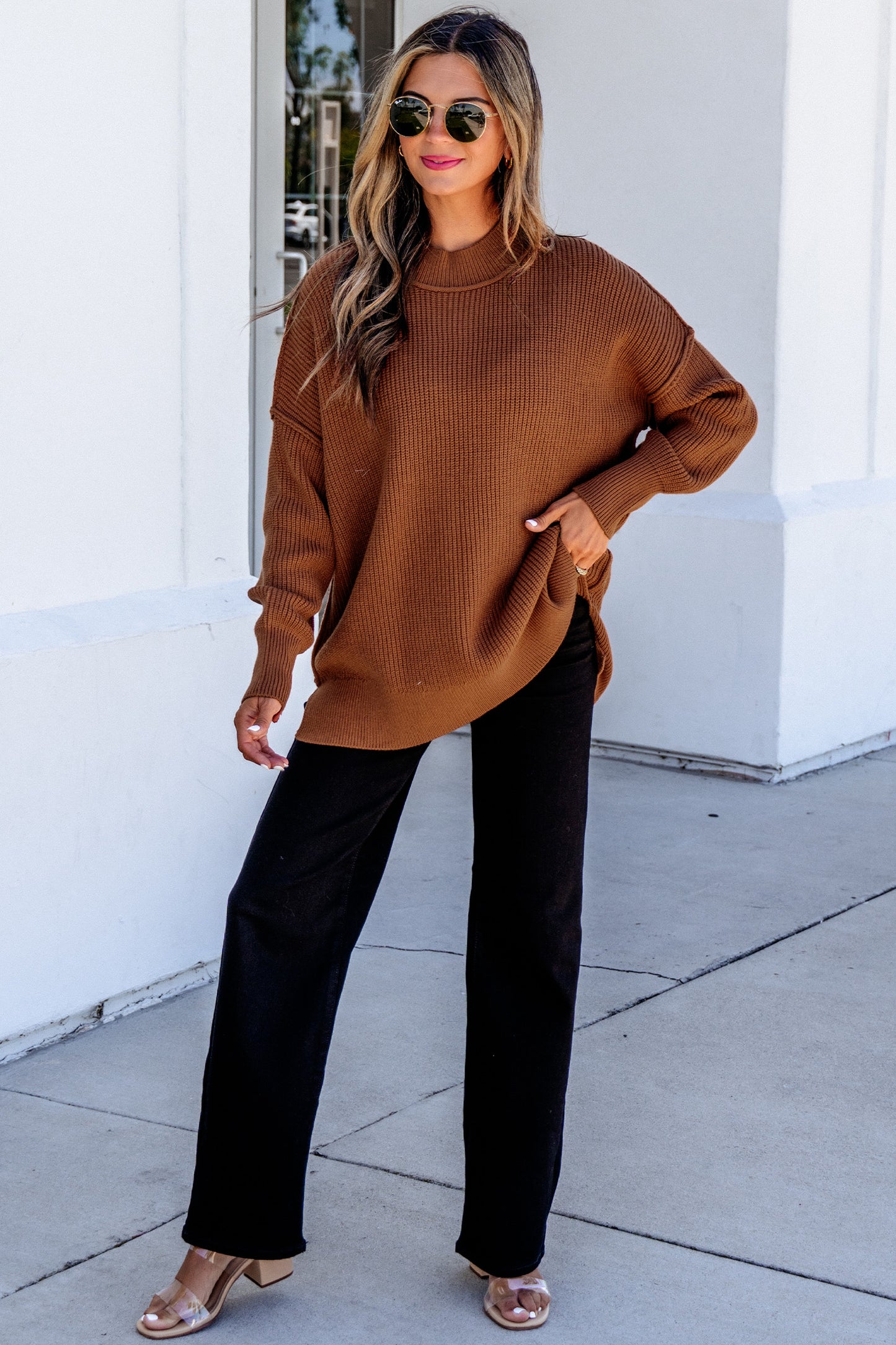 Orchid Purple Mock Neck Ribbed Knit Oversized Sweater Top