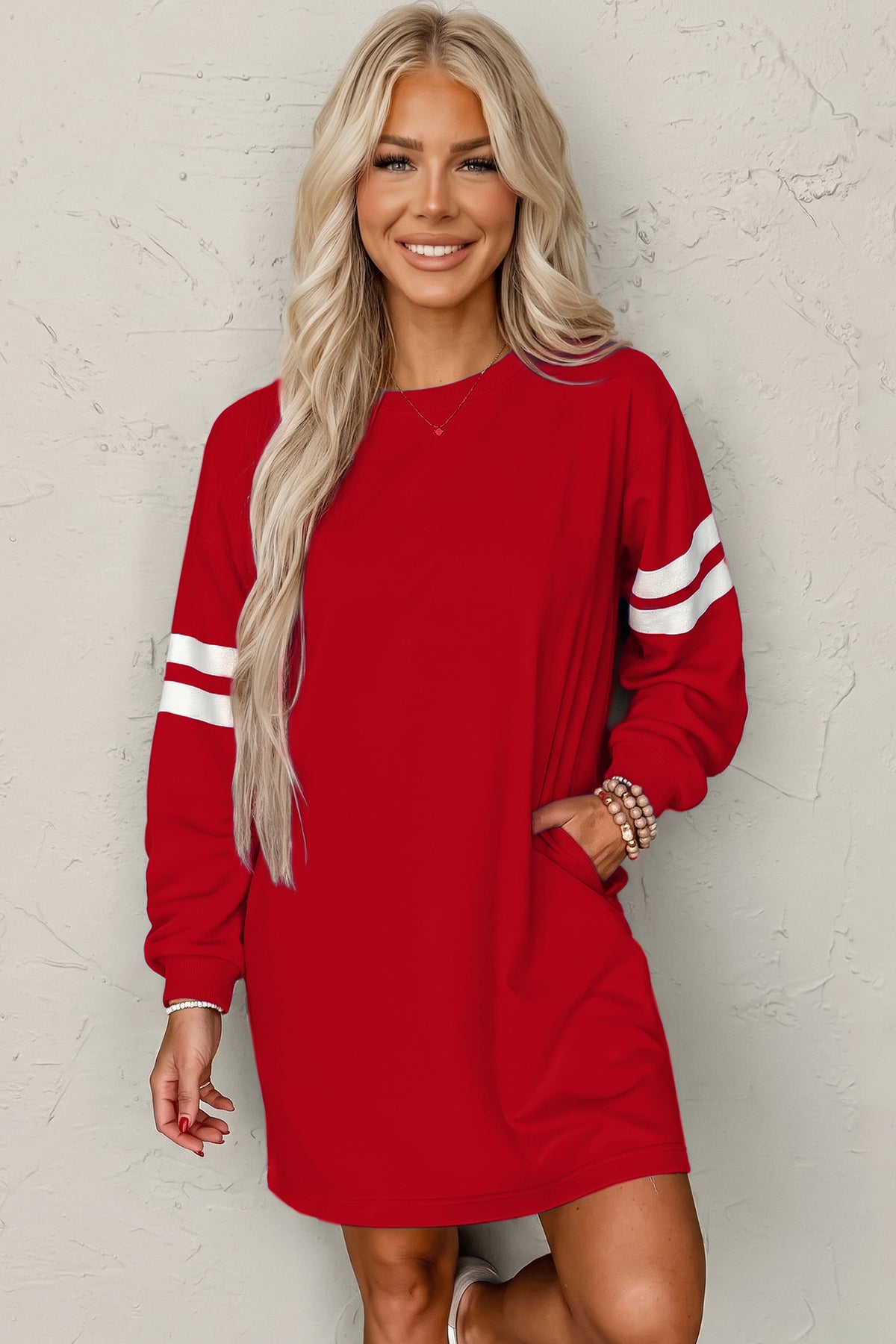 Customizable Varsity Stripe Sleeve Sweatshirt Dress Game Day