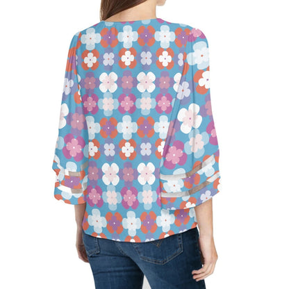 Blue Floral Print Lace Trim Chiffon Top