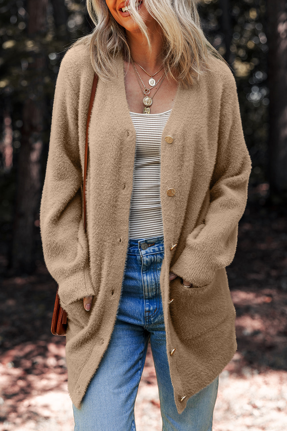Soft Fuzzy Button Front Long Knit Cardigan with Pockets