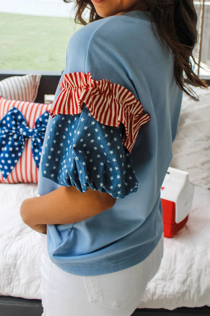 Patriotic Stars and Stripes Puff Sleeve Fourth of July Top
