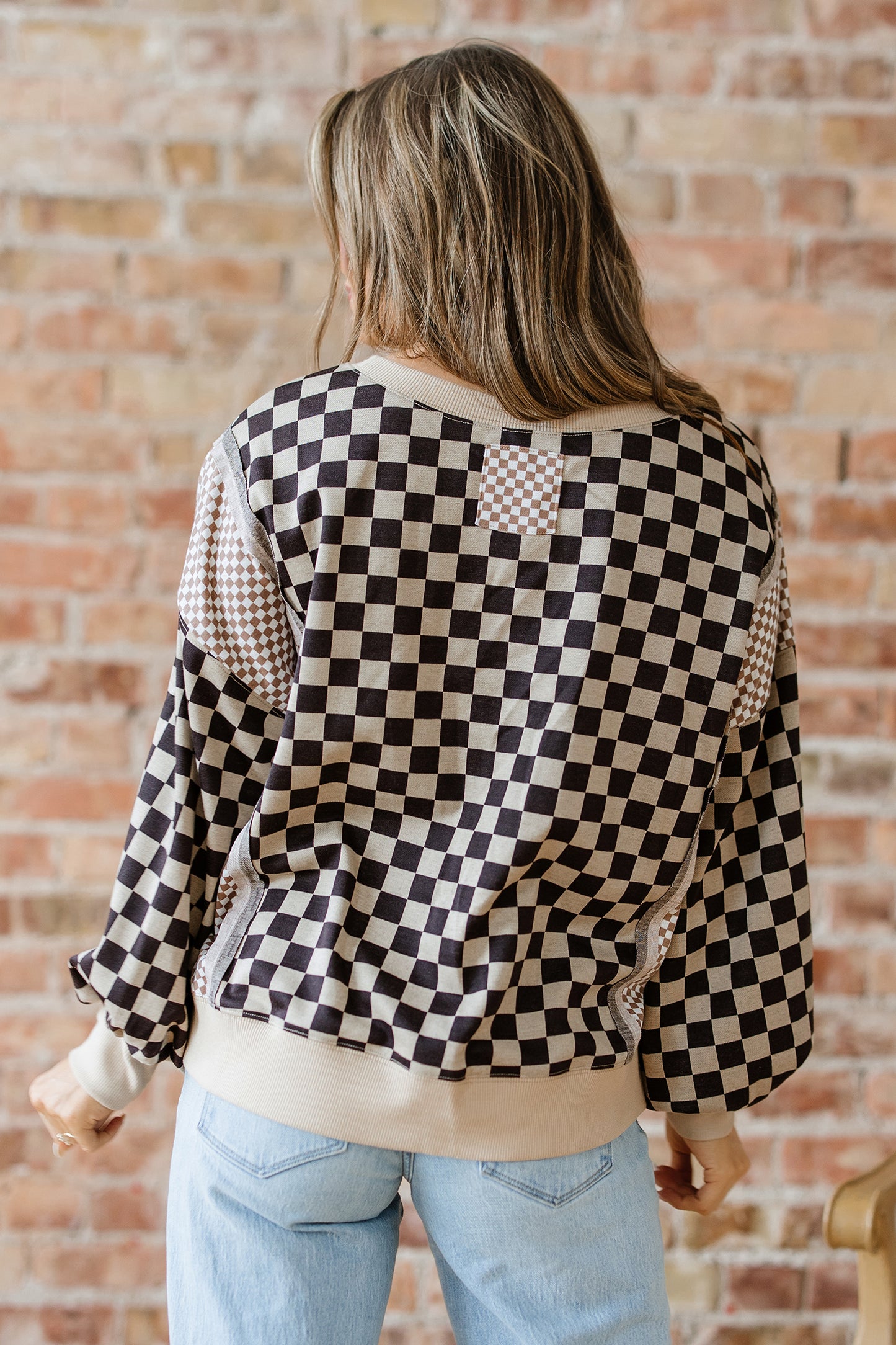 Khaki Checkered Patchwork High Low Round Neck Casual Top