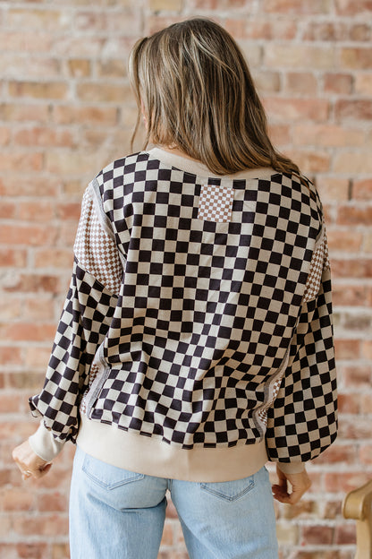Khaki Checkered Patchwork High Low Round Neck Casual Top