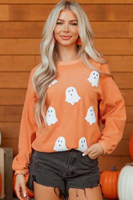 Women's Halloween Ghost Patch Ribbed Knit Sweatshirt