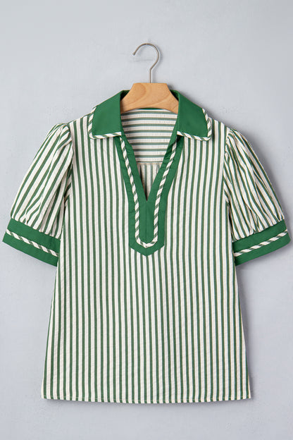 Khaki Striped Split Neck Puff Sleeve Blouse Top