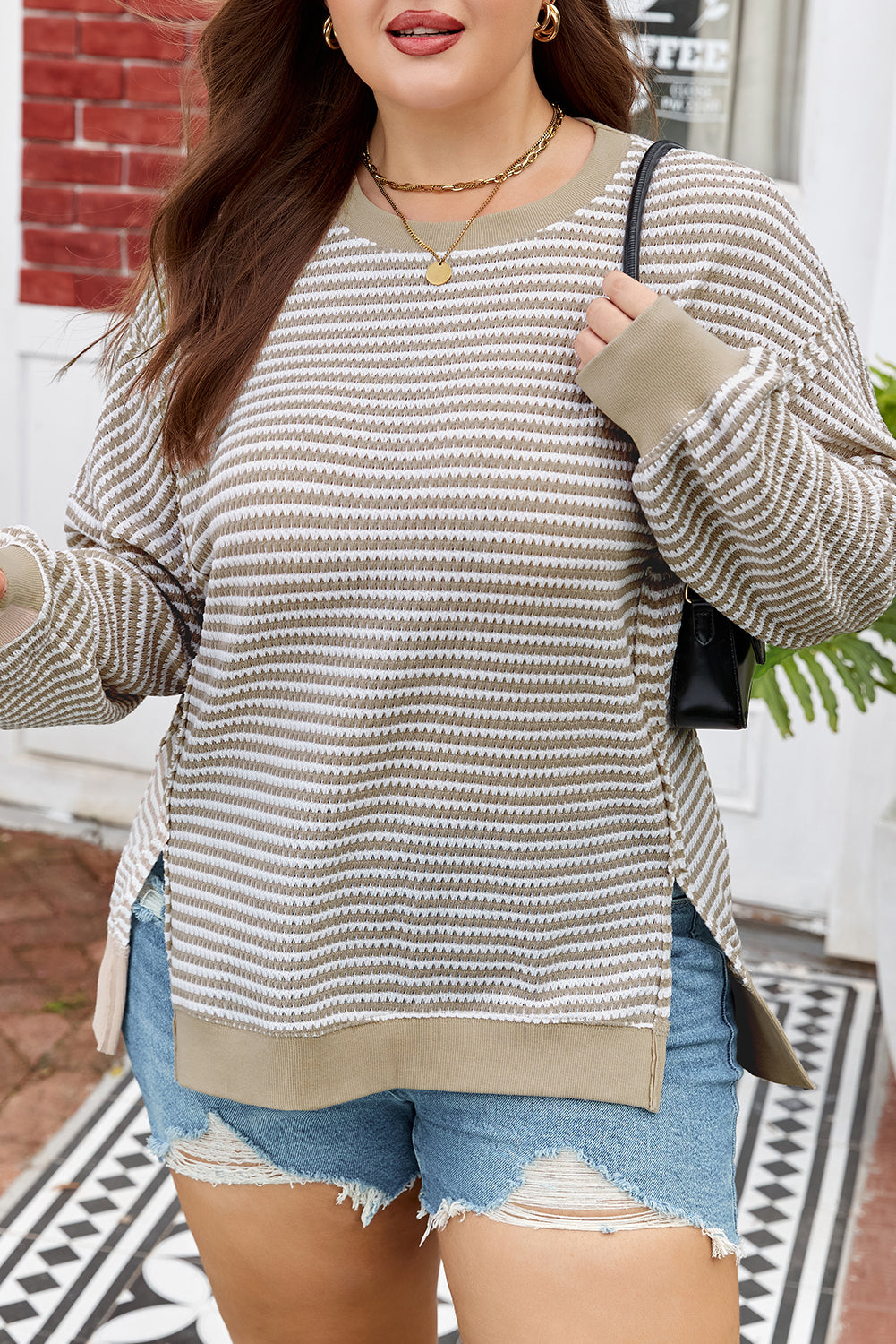 Plus Size Brown Stripe Knit Long Sleeve Ribbed Top