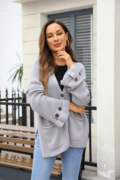 Knit Button Cardigan – V-Neck Loose Fit Sweater