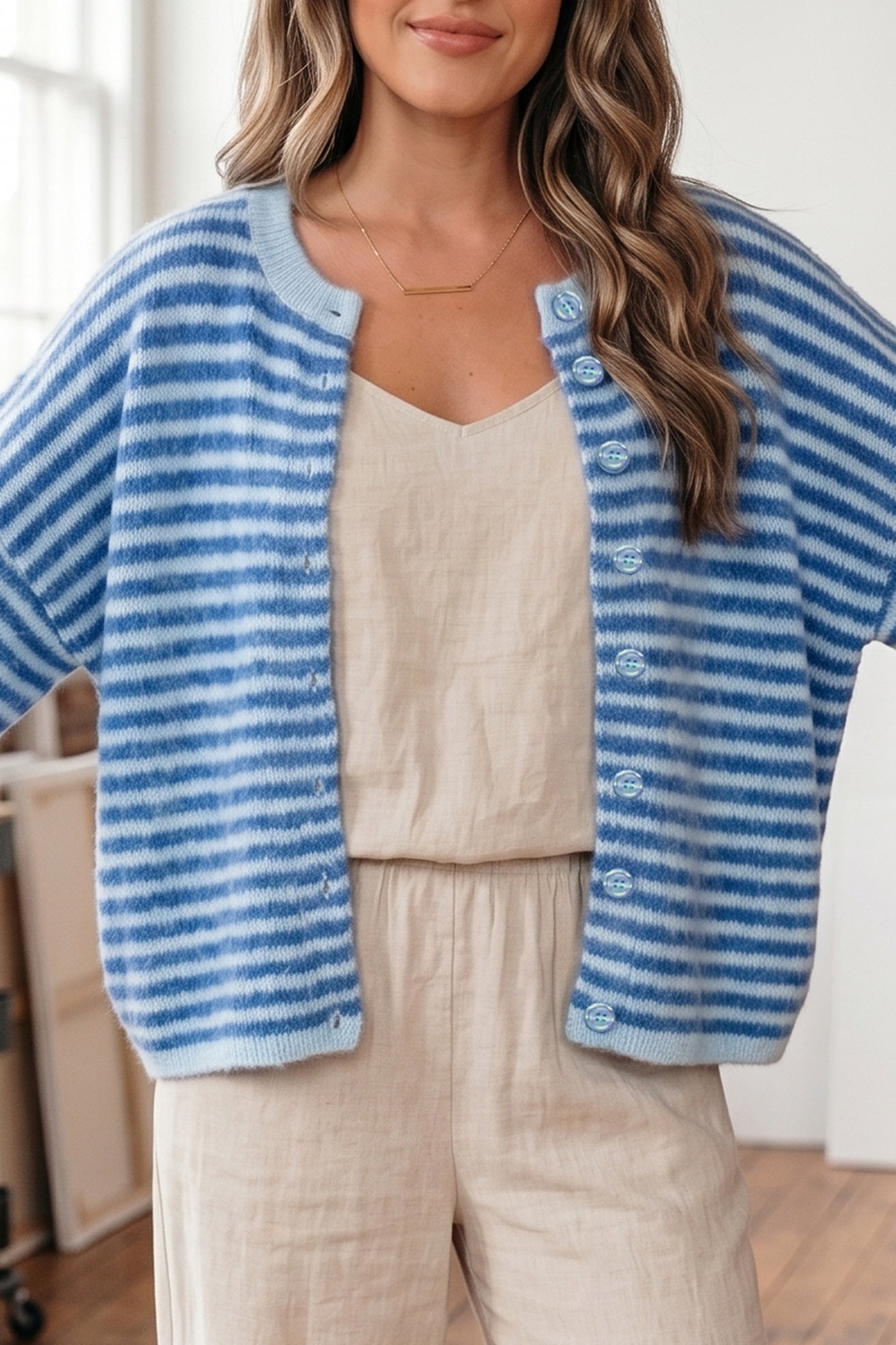 Blue Stripe Knit Cardigan Half Sleeve Button Front Sweater
