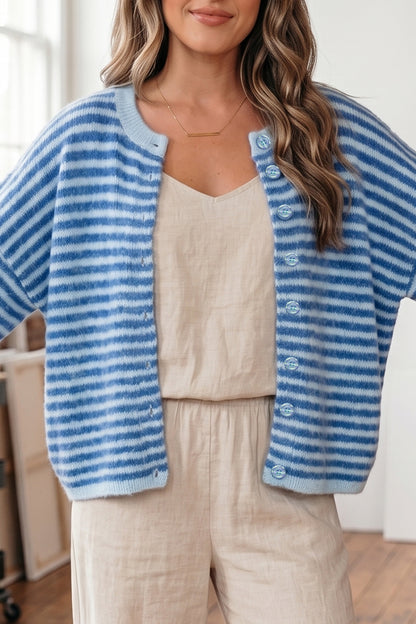 Blue Stripe Knit Cardigan Half Sleeve Button Front Sweater