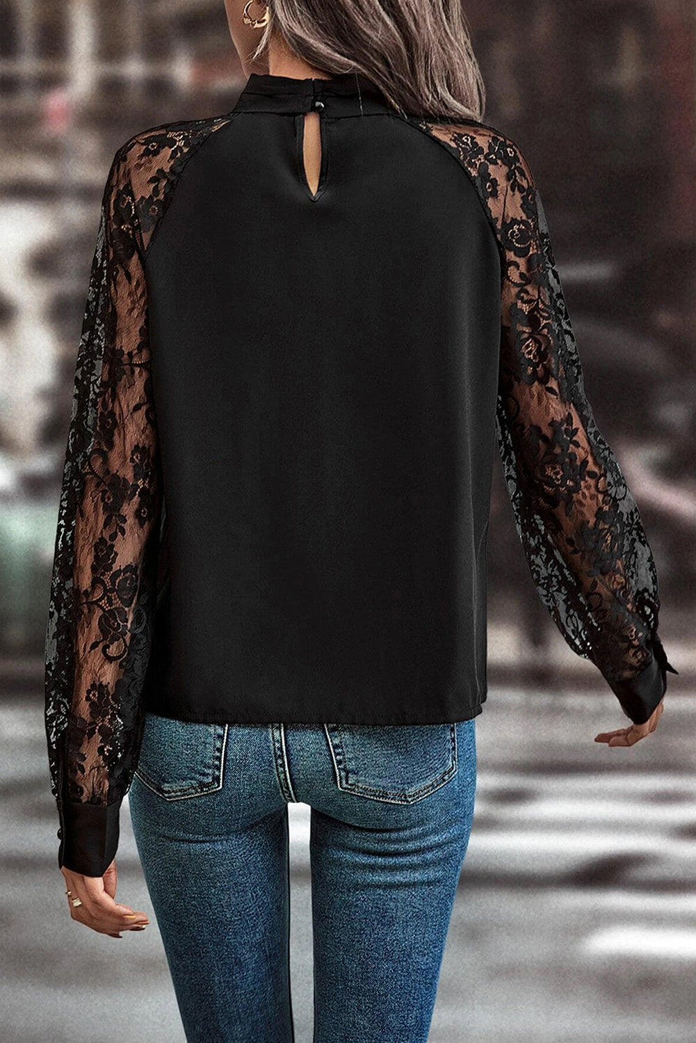 Black Lace Sleeve Keyhole Blouse Elegant Long Sleeve Top