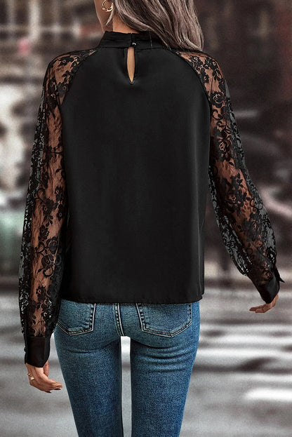 Black Lace Sleeve Keyhole Blouse Elegant Long Sleeve Top