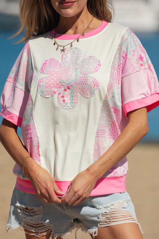 Beige Floral Patchwork Color Block Relaxed Fit Top