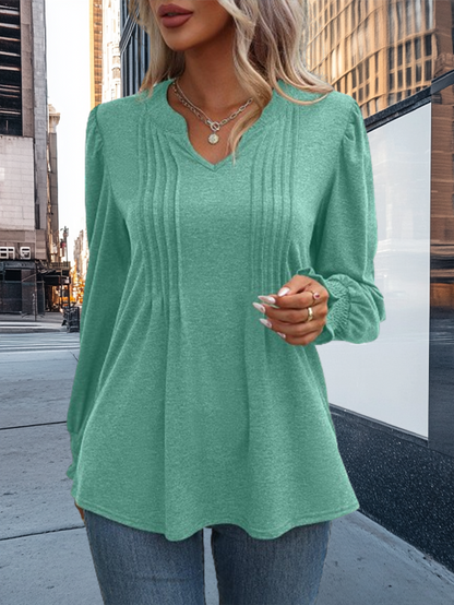 Long Sleeve V-Neck Top with Bubble Sleeves and Wrap Design