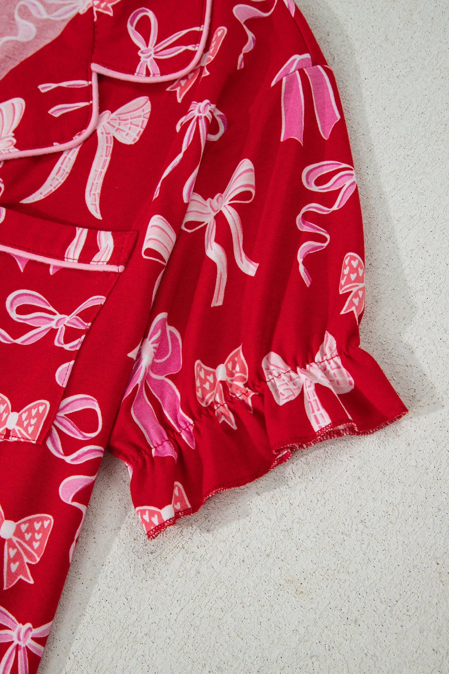 Valentine Red Bow Print Ruffle Pajama Shorts Set for Women